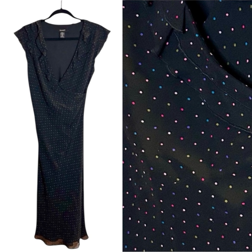 Silk Wrap Dress Black w Polka Dots Midi Dress Ruffles Lined Deep VNeck Zip 11/12